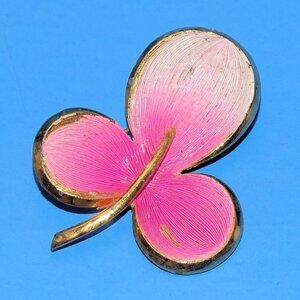 Vintage Alan J Leaf Brooch Pin Bright Pink Enamel Gold Tone Designer Signed